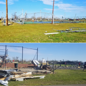 Tornado damage to Amory High School softball field.