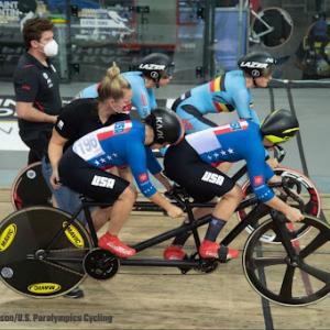 MK, front right, and her partner getting set for a race at the Para-cycling Track World Championships