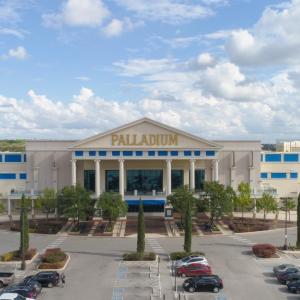 Palladium building with parking lot in front