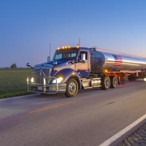 truck driving at dusk
