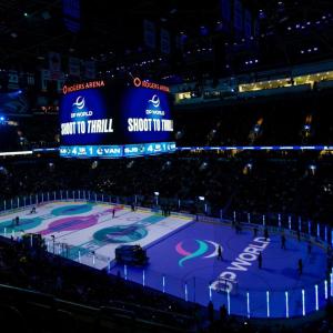 DP World logo displayed on the ice at Rogers Arena
