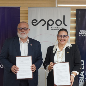 Representatives from DP World and ESPOL display the signed agreement establishing a partnership to monitor the ecological impact of Living Seawalls at the Port of Posorja.