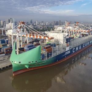 Aerial view of container ship at berth at DP World's port terminal in Buenos Aires.