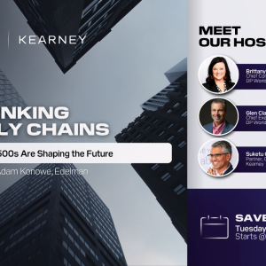 A promotional graphic for a DP World and Kearney webinar titled “Rethinking Supply Chains: How Fortune 500s Are Shaping the Future.” The left side shows tall buildings viewed from below. The right side lists the hosts with headshots: Brittany Caskey, Chief Commercial Officer, DP World in the Americas; Glen Clark, Chief Executive Officer, U.S. and Mexico, DP World in the Americas; and Suketu Gandhi, Partner, Global Strategic Operations at Kearney. A “Save the Date” box notes the event is 12 PM EST on Dec. 2.