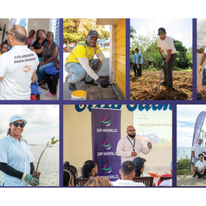Collage showing DP World volunteers participating in community workshops, painting small businesses, planting trees, and taking part in coastal environmental activities.