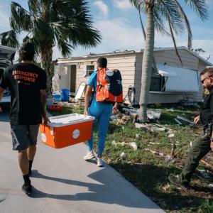 Dr. Yousef Motii conducts medical outreach in the destroyed Spanish Lakes neighborhood in Ft. Pierce, Florida. Motii is a clinician at Oceana Health, which has been providing medical services to residents impacted by Hurricane Milton. (Photo by Bimarian Films)