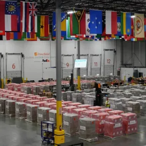 148 pallets of medical aid staged at Direct Relief's 155 thousand square-foot warehouse and distribution center in California