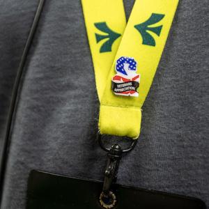 DSG Employee wearing a Veteran's Appreciation pin on his name badge. 