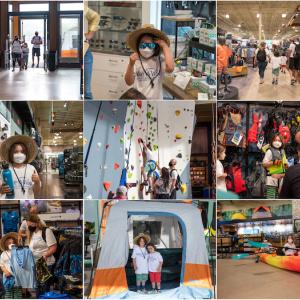 Photo montage of Jax Ramirez and his family entering Public Lands, shopping the store, climbing a wall, seated in a kayak and pictured with his mother in a tent.