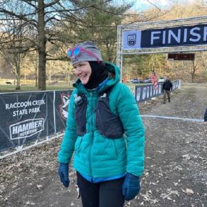 Laurie “Lulu” Searles after finishing the Rabid Raccoon 100.