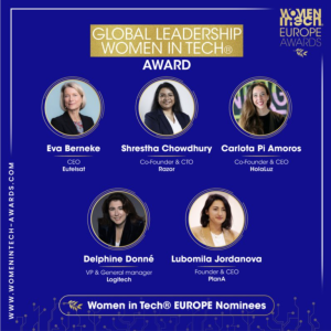 Headshots on a blue background of the different people who were nominated for the women in tech EUROPE award
