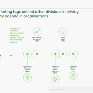 Graph depicting how Marketing and Insights departments lag behind other business divisions when it comes to executing and measuring progress on their sustainability objectives