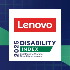 Lenovo logo and logo for the 2025 "Best Place to Work for Disability Inclusion" award