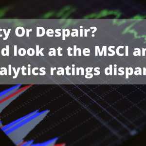 "Disparity Or Despair? A second look at the MSCI and Sustainalytics ratings disparity" over a tablet displaying data