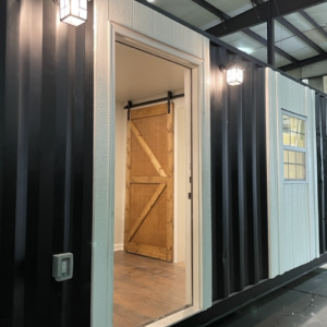 Exterior of up-cycled shipping container rental at ekō Outpost properties