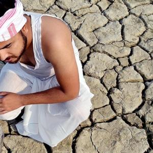 a person kneeling on cracked, dry soil
