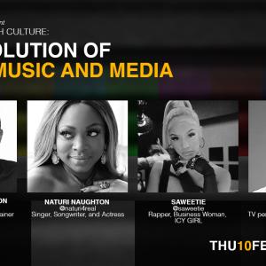 Infographic reads: The evolution of Black music and media. Featuring pictures of Brandon Richardson, Saweetie, Miss J Alexander and Naturi Naughton