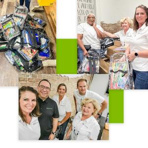 Collage of photos of Regions volunteers and the packed backpacks with school supplies for students 