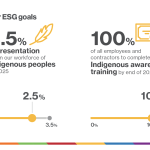 "Our ESG goals. 3.5% representation within our workforce of indigenous peoples by 2025. 100% of all employees and contractors to complete indigenous awareness training by end of 2022."