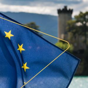 A flag and waterway, building, and scenery behind it.
