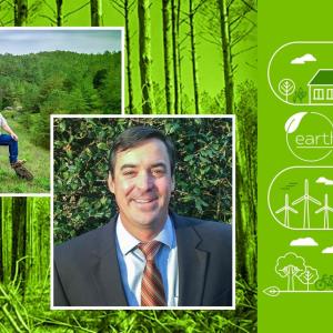 2 collage images in front of green background of headshot of Jim Bates, and man standing in front of treeline