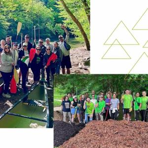 Collage of two photos that are both group pictures of volunteers at Earth Week