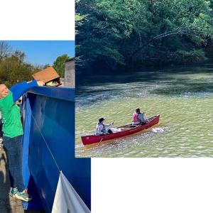 Collage of two images: Two people canoeing and picture of someone recycling
