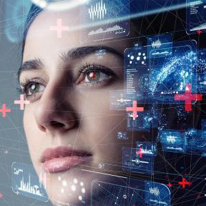 Persons face with technology graphics around it