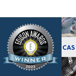 Edison Awards Winner 2023 logo alongside photo collage of various subjects including cars, roads, plastic bottles, and a computer chip