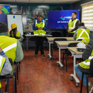 Students sitting inside a room attending an educational session at DP World port terminal in San Antonio