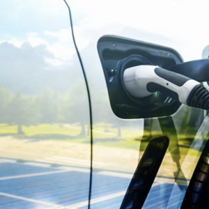 Electric vehicle plugged in charging 