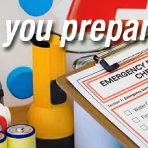 Checklist on clipboard and emergency supplies with the words, "Are you prepared?" superimposed