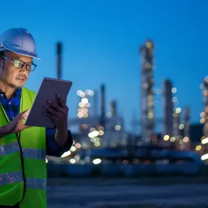 Construction worker using a tablet in front of a city skyline