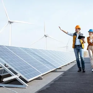 2 workers walk amongst solar panels and wind turbines