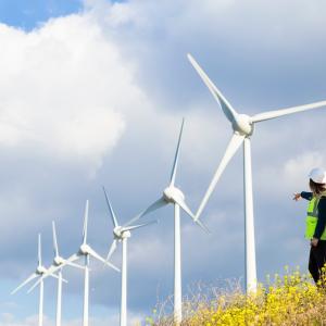 Two workers viewing windmills on a hill.