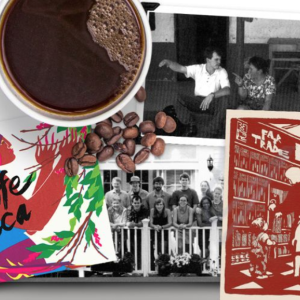 collage of a cup of coffee, coffee beans, illustrations about coffee, and two black and white photos