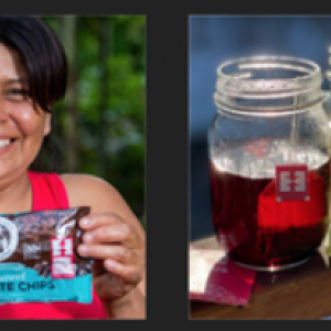 Four pictures: coffee being poured into a mug, a person holding a bag of chocolate chips, glass jars of tea brewing, and a coffee bag