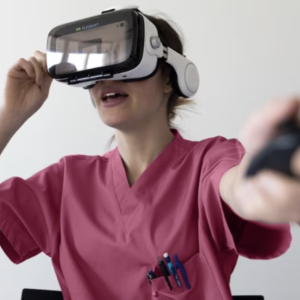 Virtual Training being done by a woman wearing a Virtual Reality headset.