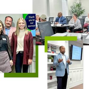 Collage of groups of people posed, listening to a seminar, and in front of the group speaking.