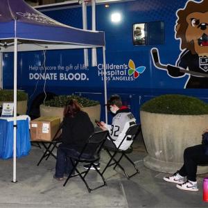 Volunteers at LA Kings and Children's Hospital LA's mobile blood drive.