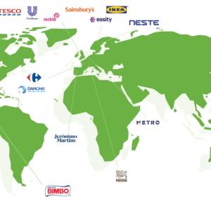 Global map with countries in green and members' logos with location.