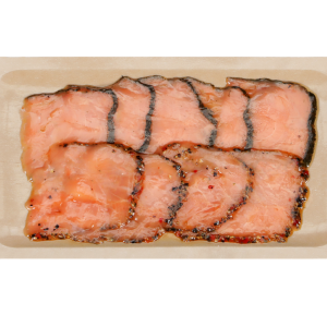 Cold smoked salmon packaged for retail sale in a grocery store