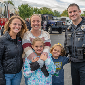 A family and police officer, a fire truck in the background