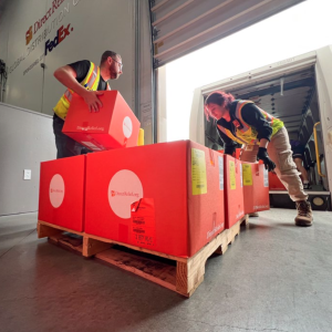 Relief supplies are loaded into a FedEx truck from the Direct Relief Global Distribution Center, sponsored by FedEx