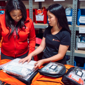 A Direct Relief team member showcases the contents of one of the emergency medical backpacks
