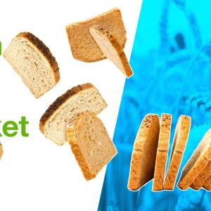 "From Field to Market" Slices of bread and wheat crop with a blue background.