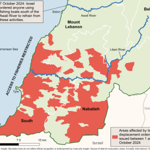 Areas affected by the Israeli displacement orders between 1 and 7 October 2024.