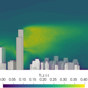 2d image of a city in a 'wind tunnel' green and yellow showing areas of significant air drag 