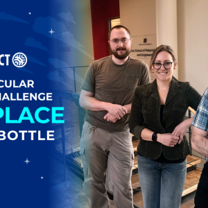 winners of cpc plastic challenge, two men and one woman, stand smiling 