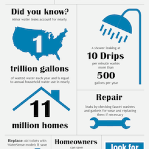 The Facts on Leaks: 10% percent of homes have leaks that waste 90 gallons or more per day.A leaky faucet dripping at the rate of one drip per second can waste more than 3,000 gallons per year.Did you know? Minor water leaks account for nearly 1 trillion gallons of wasted water each year and is equal to annual household water use in nearly 11 million homes.A shower leaking at 10 Drips per minute wastes more than 500 gallons per year.Repair leaks by checking faucet washers and gaskets for wear and replacing 